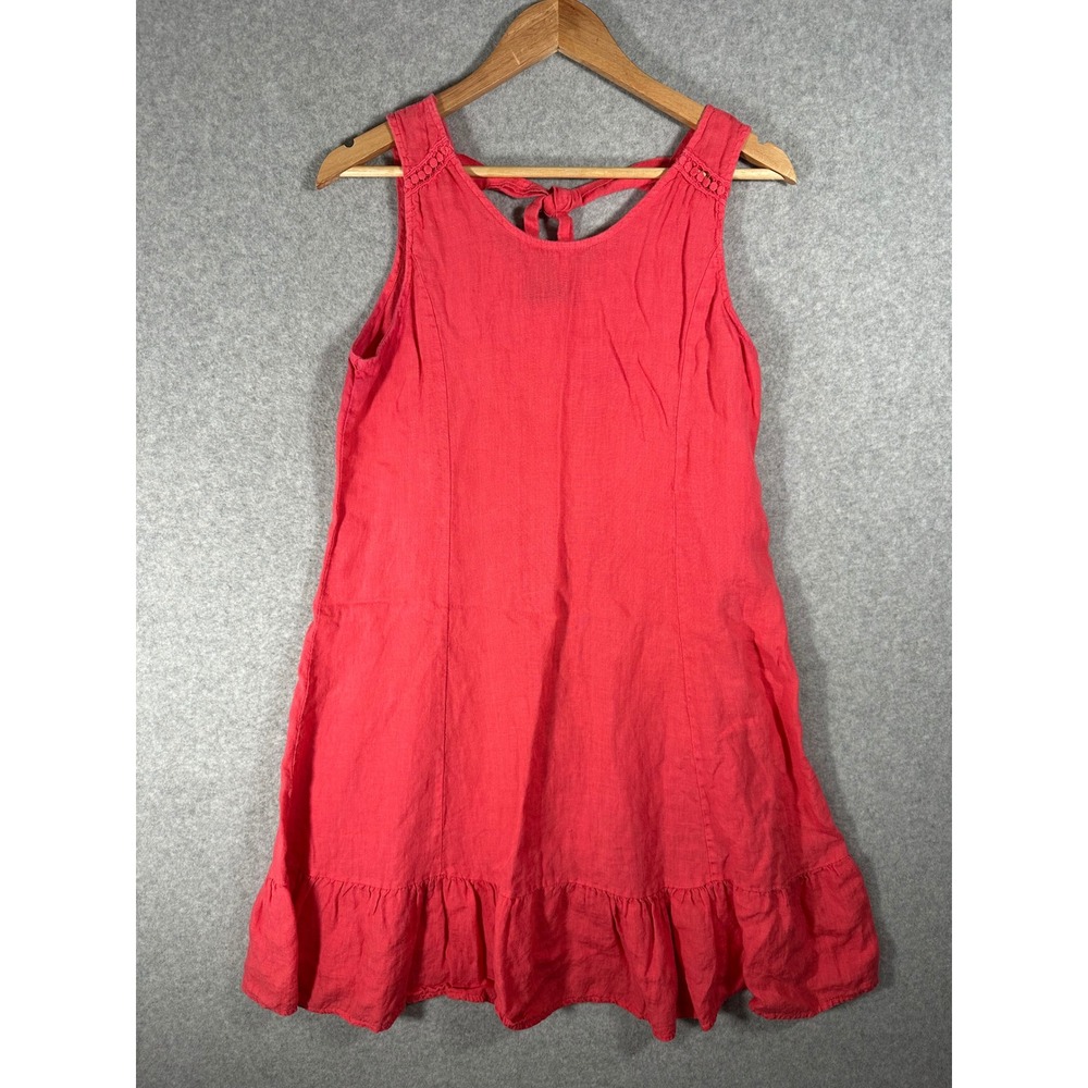 Terzo Millennio Italy Coral Pink 100% Linen Ruffle Tie Back Dress Womens Medium